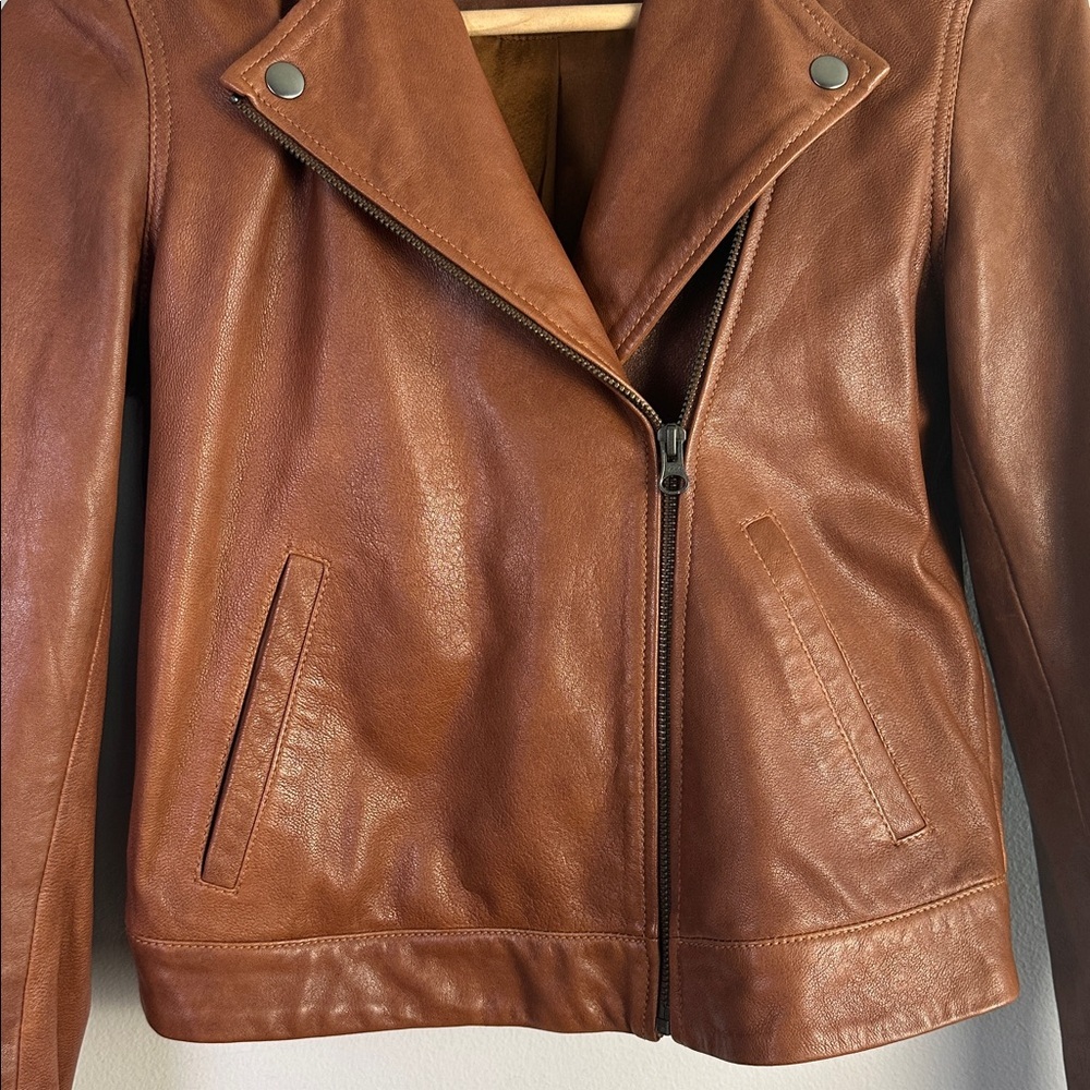 ABLE Maha Soft Lamb Leather Jacket XS in Whiskey Brown Cropped Moto Zipper Cuffs - Picture 5 of 16